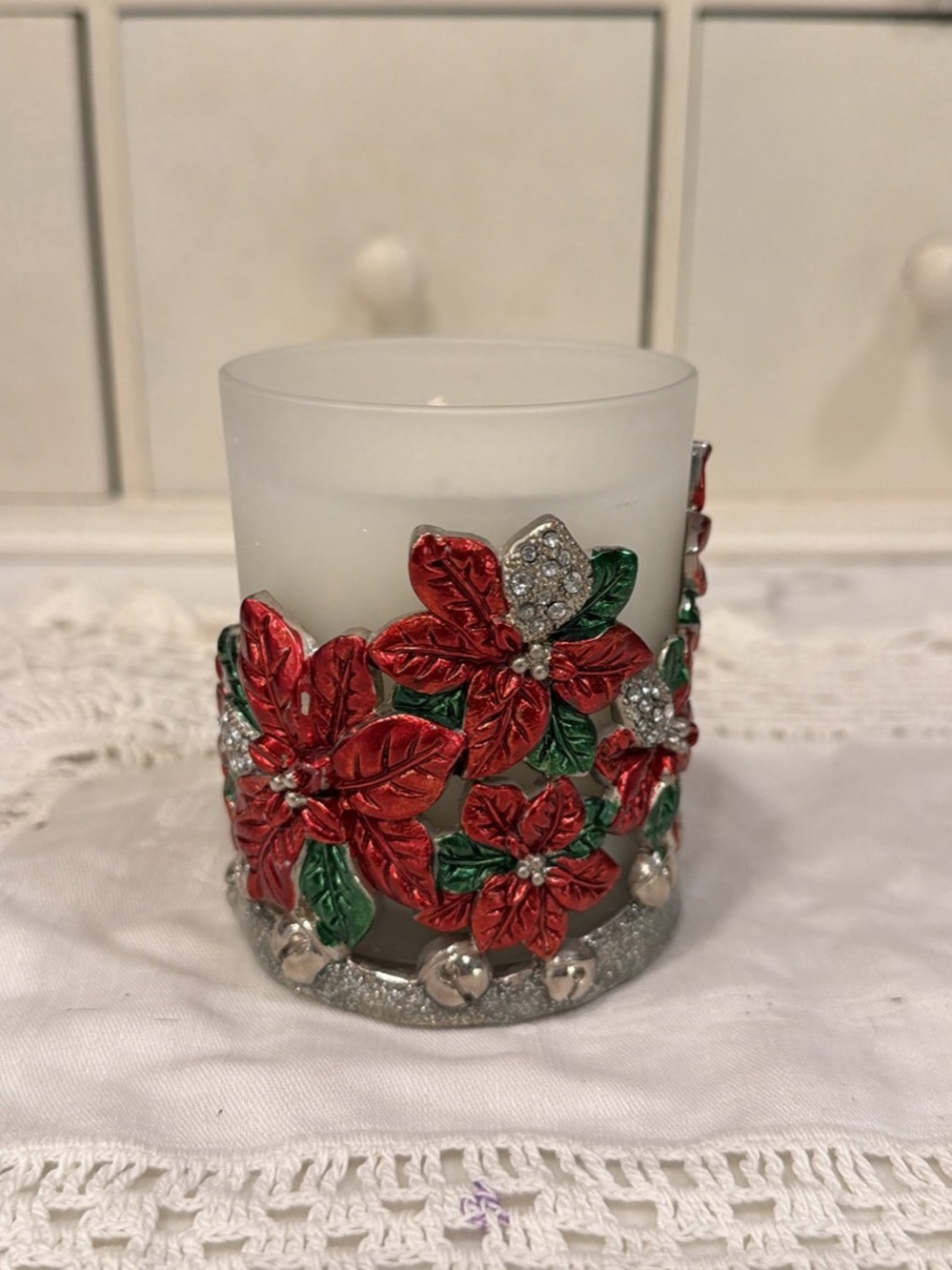 Festive Red Poinsettia Candle Holder - Unbranded